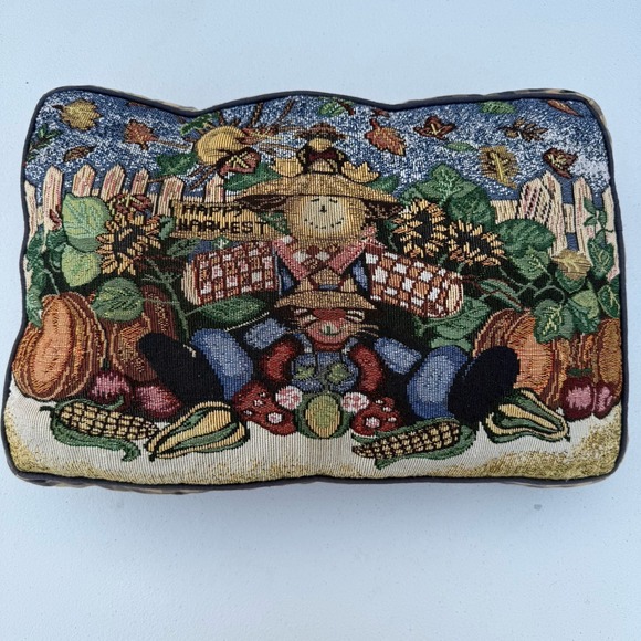 Happy harvest Tapestry Throw Pillow Scarecrow Sunflowers Checkered Back Country - Picture 1 of 13